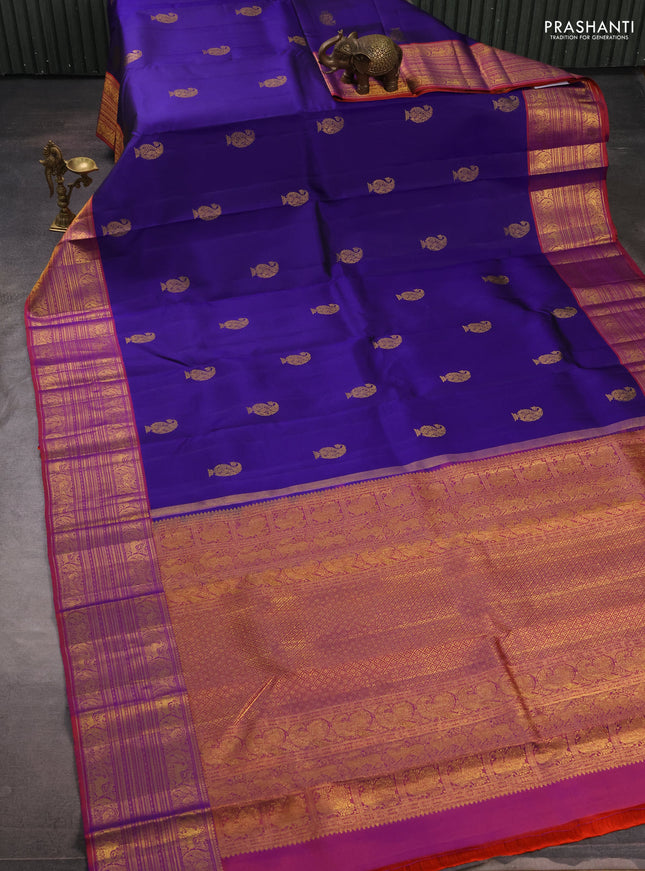Pure kanchipuram silk saree violet and maroon with zari woven buttas and long zari woven border