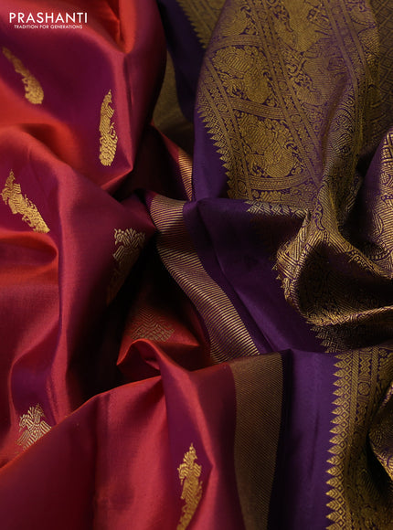 Pure kanchipuram silk saree rust shade and violet with zari woven buttas and long zari woven border