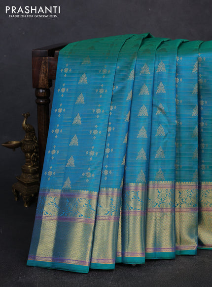 Pure kanchipuram silk saree teal green with allover vairaosi pattern & zari woven buttas and long zari woven border