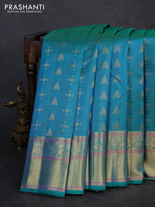 Pure kanchipuram silk saree teal green with allover vairaosi pattern & zari woven buttas and long zari woven border
