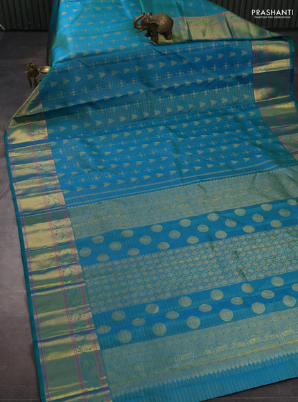 Pure kanchipuram silk saree teal green with allover vairaosi pattern & zari woven buttas and long zari woven border