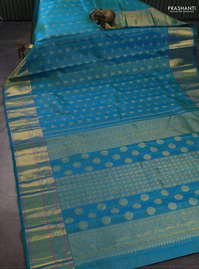 Pure kanchipuram silk saree teal green with allover vairaosi pattern & zari woven buttas and long zari woven border