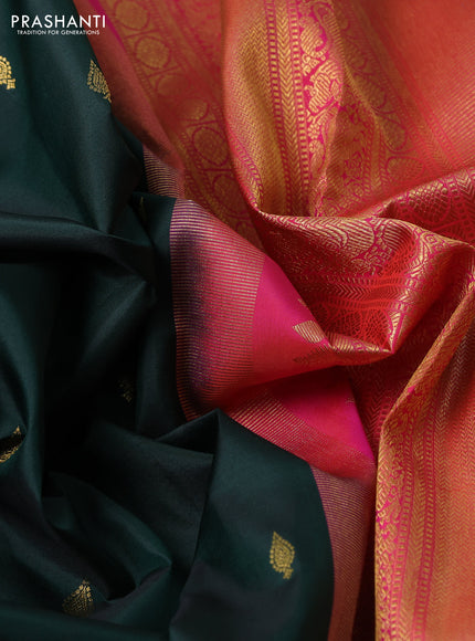 Pure kanchipuram silk saree bottle green and orange with allover zari woven buttas and long zari woven border
