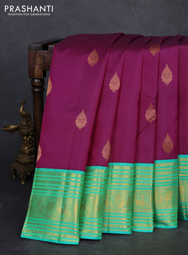 Pure kanchipuram silk saree magenta pink and teal green with zari woven buttas and long zari woven border