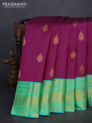 Pure kanchipuram silk saree magenta pink and teal green with zari woven buttas and long zari woven border