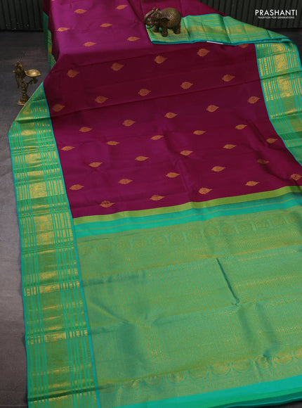 Pure kanchipuram silk saree magenta pink and teal green with zari woven buttas and long zari woven border