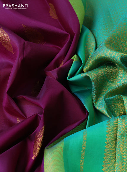 Pure kanchipuram silk saree magenta pink and teal green with zari woven buttas and long zari woven border