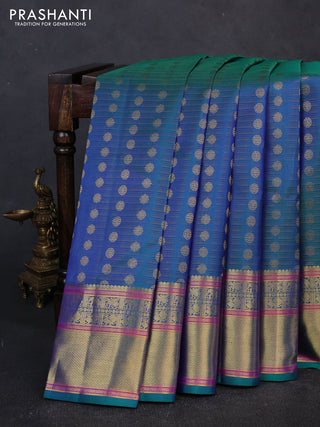 Pure kanchipuram silk saree dual shade of bluish green with allover vairaosi pattern & zari woven buttas and long zari woven border