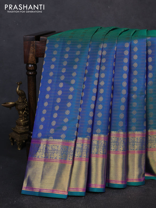 Pure kanchipuram silk saree dual shade of bluish green with allover vairaosi pattern & zari woven buttas and long zari woven border