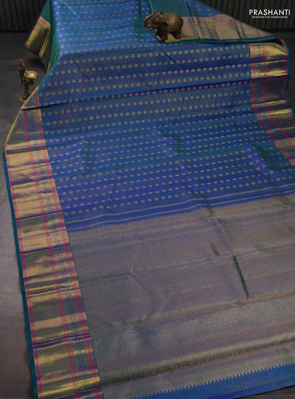 Pure kanchipuram silk saree dual shade of bluish green with allover vairaosi pattern & zari woven buttas and long zari woven border