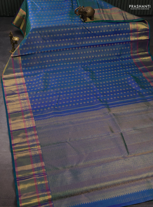 Pure kanchipuram silk saree dual shade of bluish green with allover vairaosi pattern & zari woven buttas and long zari woven border