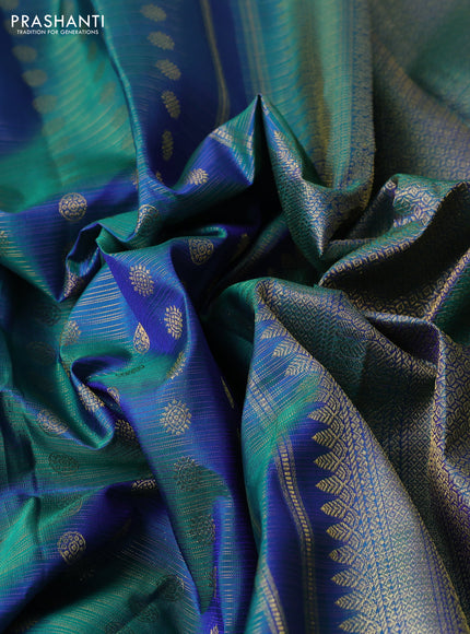 Pure kanchipuram silk saree dual shade of bluish green with allover vairaosi pattern & zari woven buttas and long zari woven border