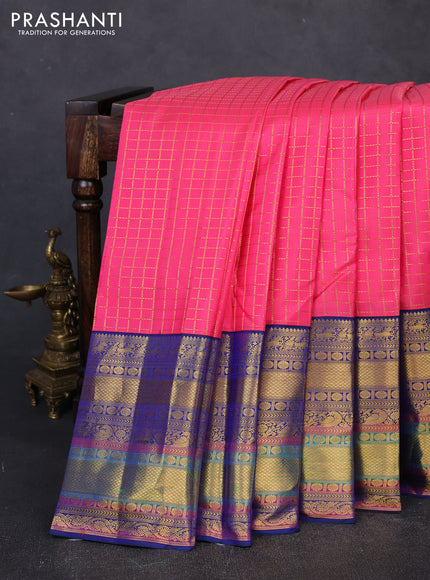 Pure kanchipuram silk saree peach pink and blue with allover zari checked pattern and long zari woven border