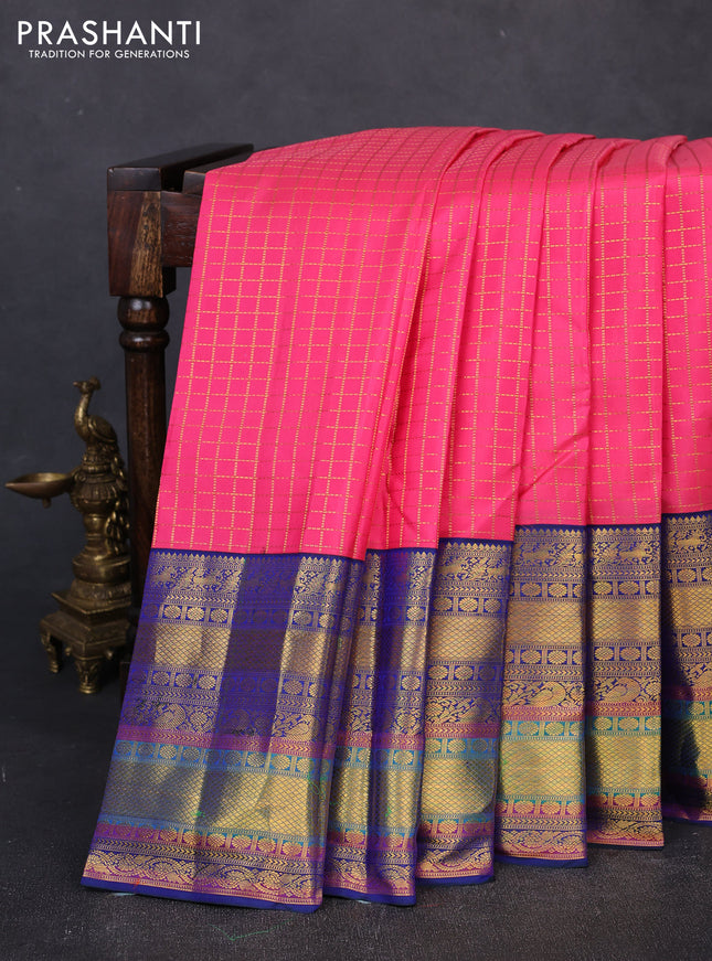 Pure kanchipuram silk saree peach pink and blue with allover zari checked pattern and long zari woven border