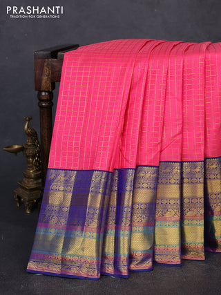 Pure kanchipuram silk saree peach pink and blue with allover zari checked pattern and long zari woven border