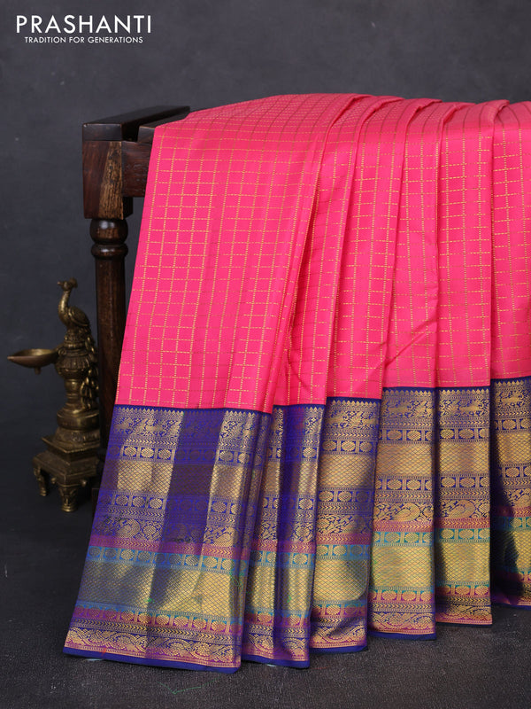 Pure kanchipuram silk saree peach pink and blue with allover zari checked pattern and long zari woven border