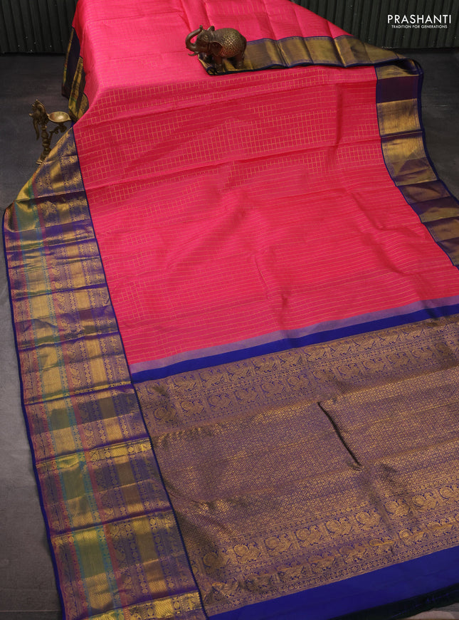 Pure kanchipuram silk saree peach pink and blue with allover zari checked pattern and long zari woven border
