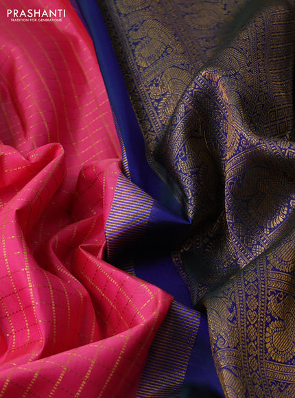 Pure kanchipuram silk saree peach pink and blue with allover zari checked pattern and long zari woven border