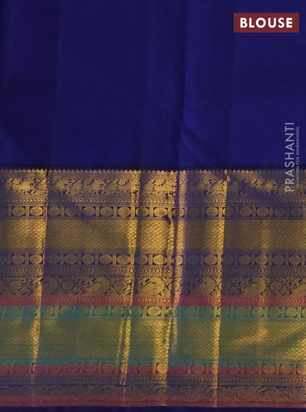 Pure kanchipuram silk saree peach pink and blue with allover zari checked pattern and long zari woven border