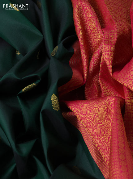 Pure kanchipuram silk saree bottle green and tomato pink with zari woven buttas and rettapet zari woven border