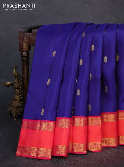 Pure kanchipuram silk saree blue and pink with zari woven buttas and rettapet zari woven border