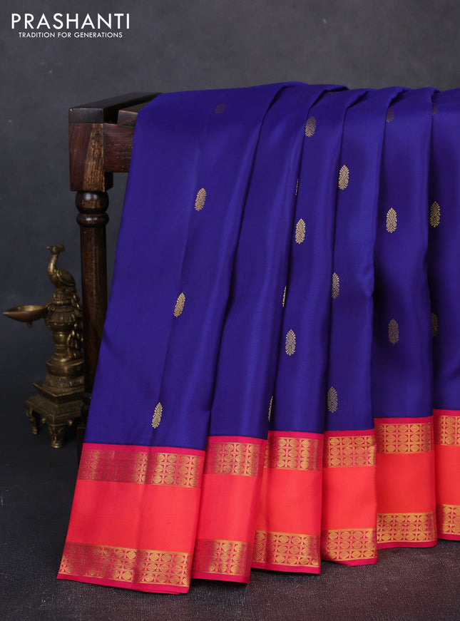 Pure kanchipuram silk saree blue and pink with zari woven buttas and rettapet zari woven border