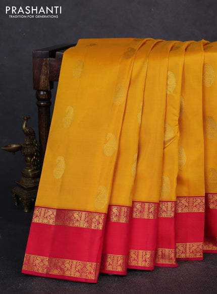 Pure kanchipuram silk saree yellow and pink with zari woven buttas and rettapet zari woven border