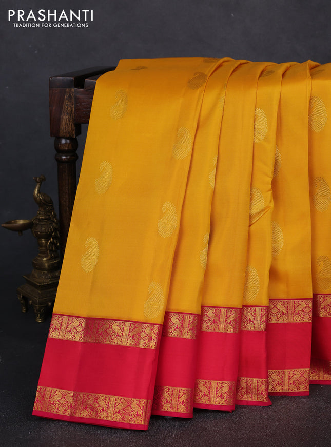 Pure kanchipuram silk saree yellow and pink with zari woven buttas and rettapet zari woven border