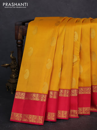 Pure kanchipuram silk saree yellow and pink with zari woven buttas and rettapet zari woven border