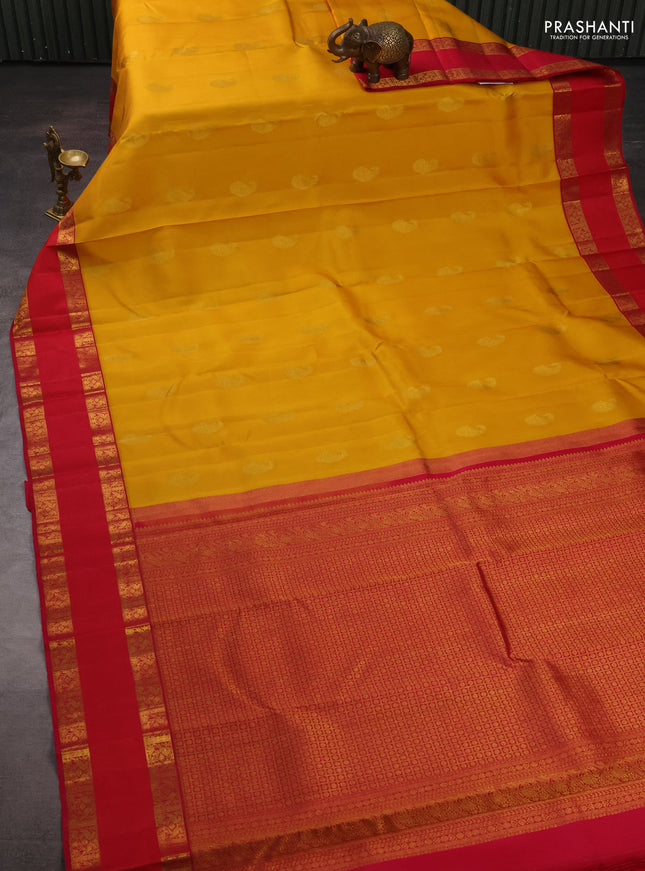 Pure kanchipuram silk saree yellow and pink with zari woven buttas and rettapet zari woven border