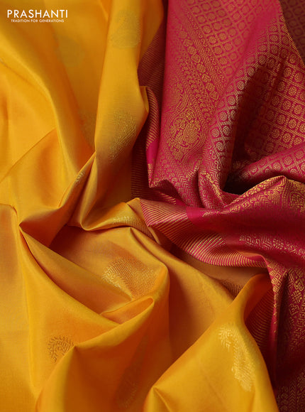 Pure kanchipuram silk saree yellow and pink with zari woven buttas and rettapet zari woven border