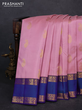 Pure kanchipuram silk saree peach pink and violet with zari woven buttas and rettapet zari woven border