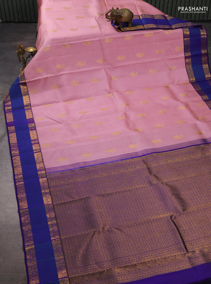Pure kanchipuram silk saree peach pink and violet with zari woven buttas and rettapet zari woven border