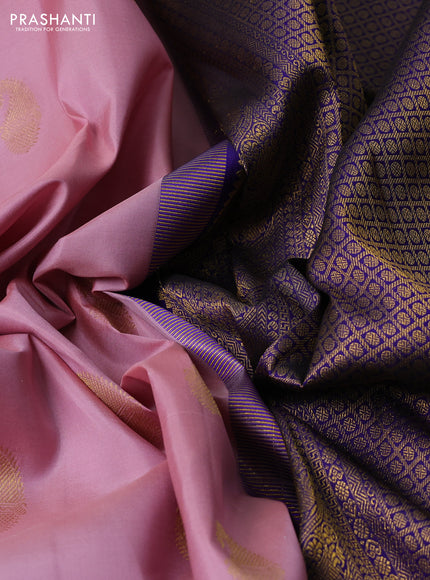 Pure kanchipuram silk saree peach pink and violet with zari woven buttas and rettapet zari woven border