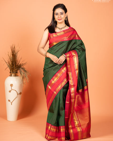 Pure kanchipuram silk saree bottle green and pink with allover checked pattern and rettapet zari woven border