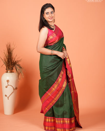 Pure kanchipuram silk saree bottle green and pink with allover checked pattern and rettapet zari woven border