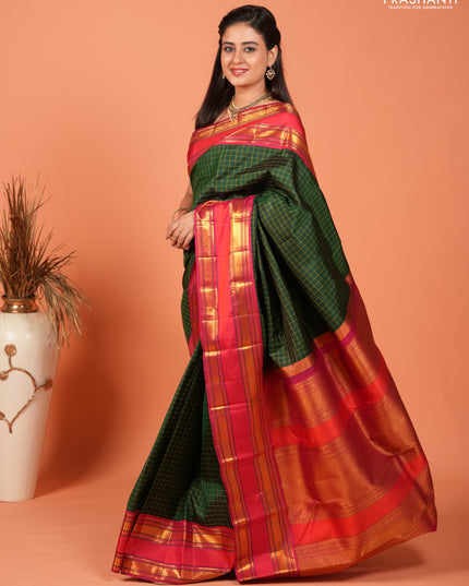 Pure kanchipuram silk saree bottle green and pink with allover checked pattern and rettapet zari woven border