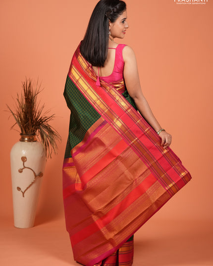 Pure kanchipuram silk saree bottle green and pink with allover checked pattern and rettapet zari woven border