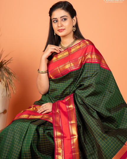 Pure kanchipuram silk saree bottle green and pink with allover checked pattern and rettapet zari woven border