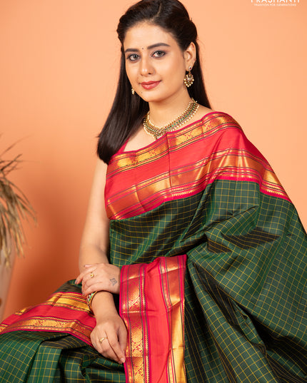 Pure kanchipuram silk saree bottle green and pink with allover checked pattern and rettapet zari woven border