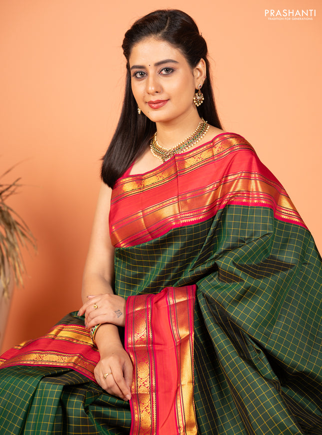Pure kanchipuram silk saree bottle green and pink with allover checked pattern and rettapet zari woven border