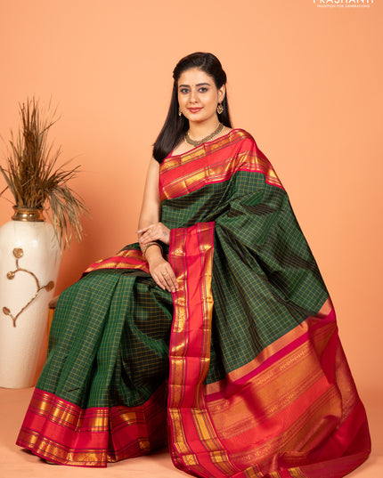 Pure kanchipuram silk saree bottle green and pink with allover checked pattern and rettapet zari woven border