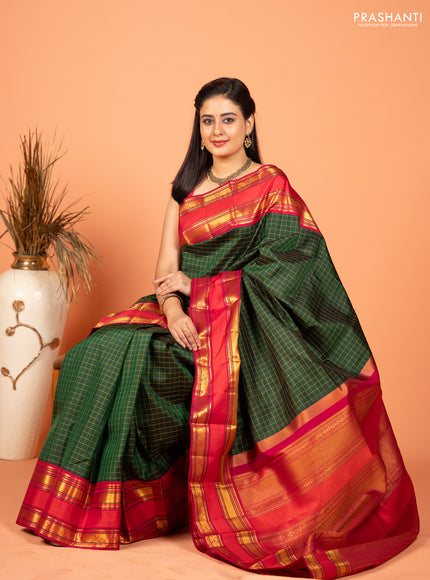 Pure kanchipuram silk saree bottle green and pink with allover checked pattern and rettapet zari woven border