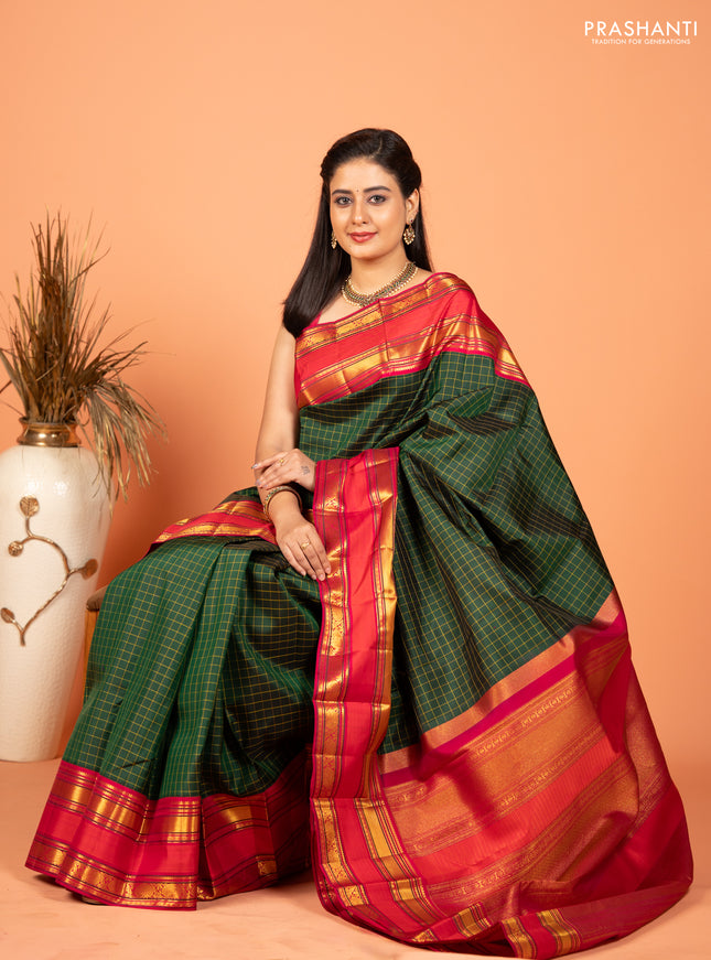 Pure kanchipuram silk saree bottle green and pink with allover checked pattern and rettapet zari woven border