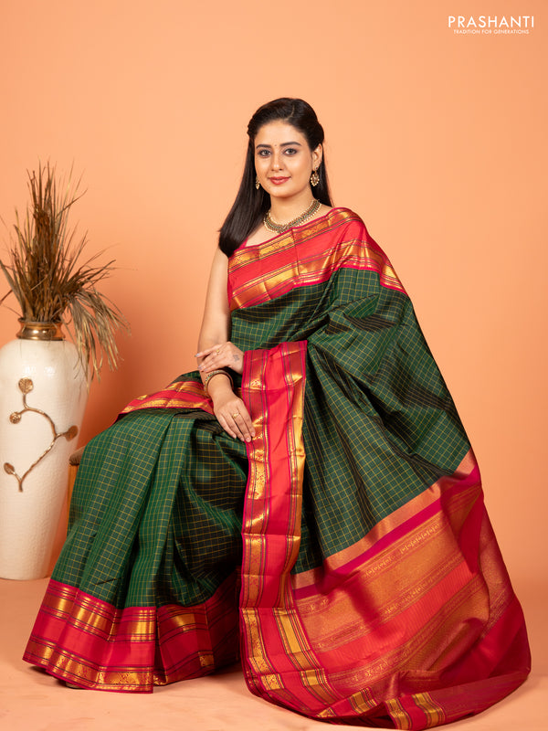 Pure kanchipuram silk saree bottle green and pink with allover checked pattern and rettapet zari woven border