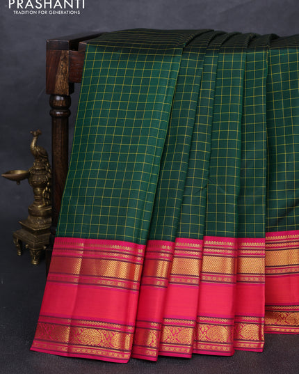 Pure kanchipuram silk saree bottle green and pink with allover checked pattern and rettapet zari woven border