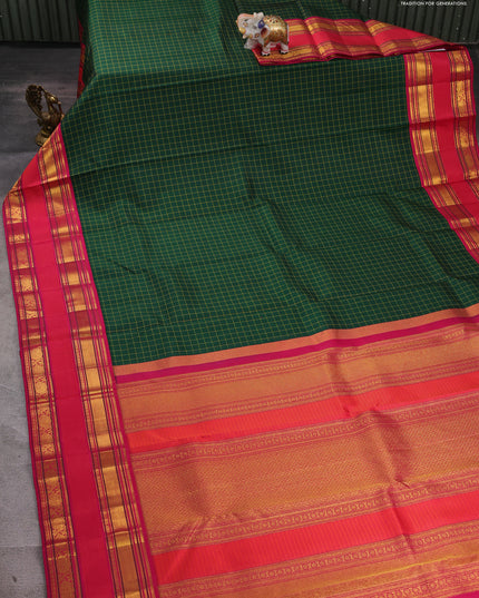 Pure kanchipuram silk saree bottle green and pink with allover checked pattern and rettapet zari woven border