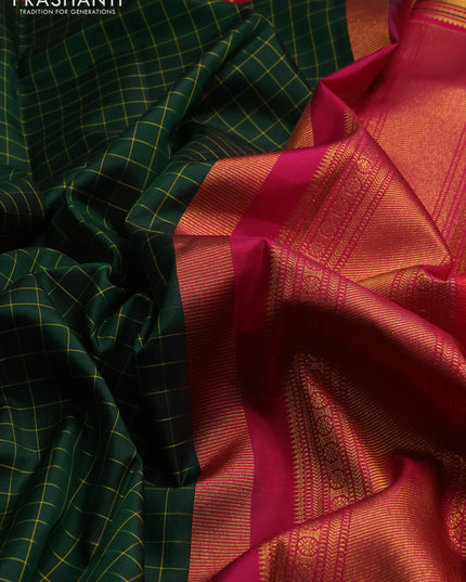 Pure kanchipuram silk saree bottle green and pink with allover checked pattern and rettapet zari woven border