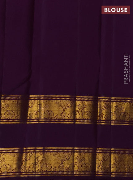 Pure kanchipuram silk saree beige and purple with allover zari checked pattern and long rettapet zari woven border