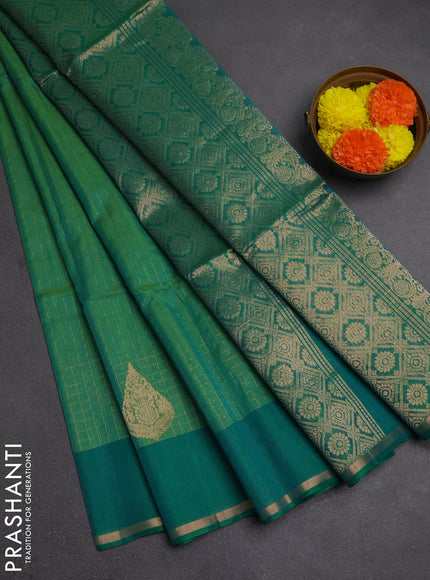 Kora silk cotton saree green and teal green with allover zari stripe pattern and zari woven butta border